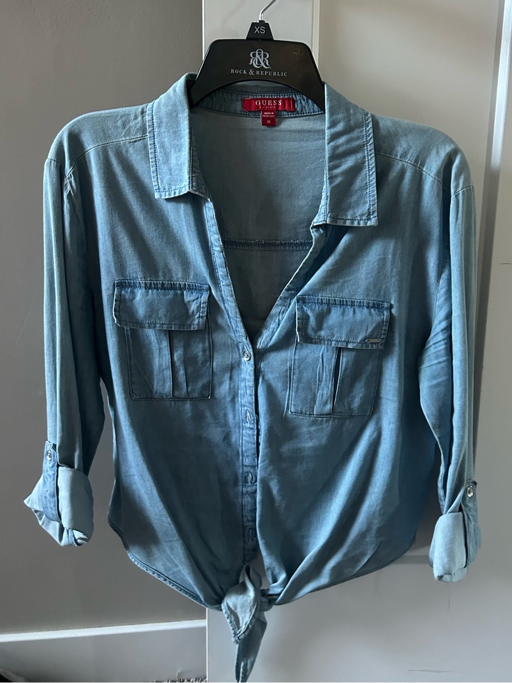Guess Light Blue Tie-Front Button-Up Shirt